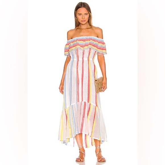 LEMLEM | Anthropologie Beach Dress in Stripes Lemon Zest High Low Off Shoulders - Picture 1 of 12